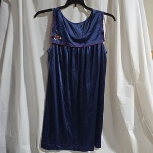 Nylon Nightgown Navy Blue Square Neck Flower Embroidery Size Medium Vintage